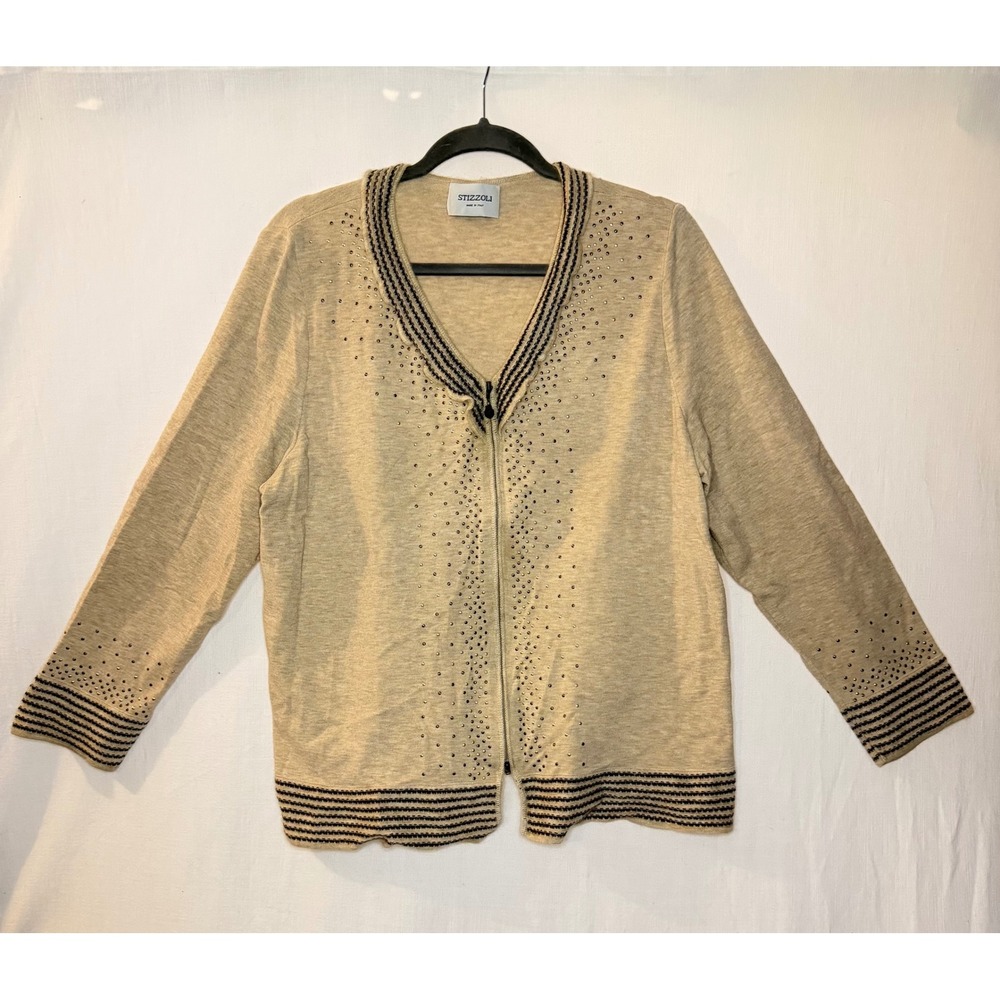 Stizzoli Italy Beige Studded Zip Front Cardigan Wool Blend Sweater Size 48 L